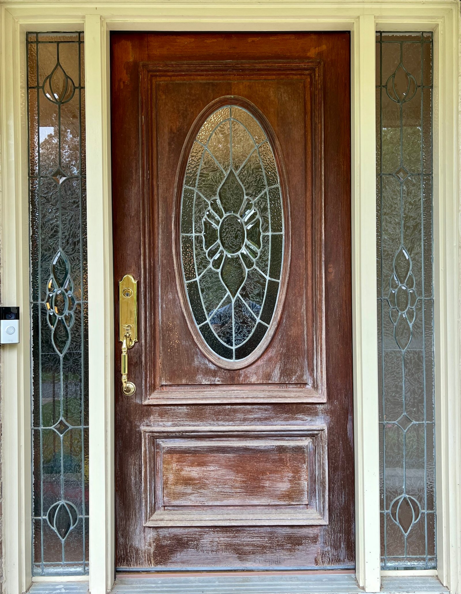 Wooden door with worn paint