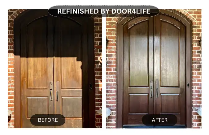 Before and after: a weathered door on the left, a restored version on the right.