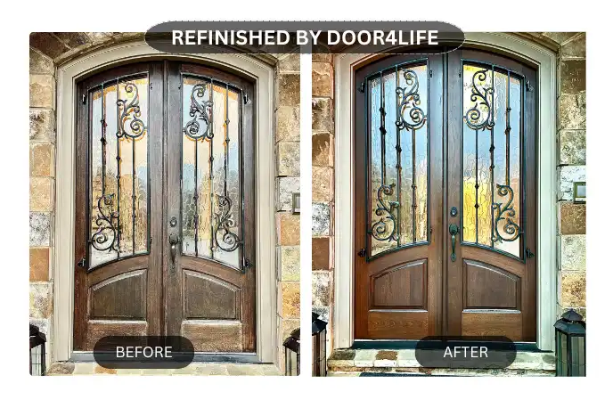 n the left, a weathered wooden door with cracked paint and a rustic appearance; on the right, the same door beautifully restored