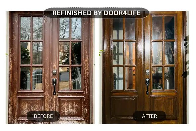 on the left, a worn wooden door with faded paint and signs of age; on the right, the same door after restoration, displaying a refreshed, vibrant finish