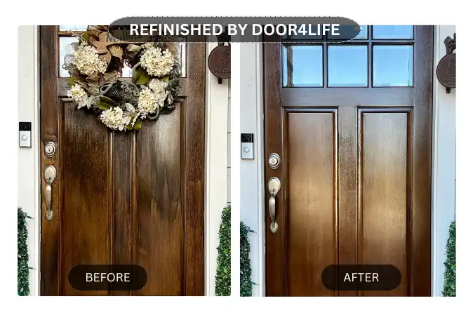 one on the left is an old, weathered wooden door with faded paint and worn edges; on the right, the same door fully restored, featuring a smooth, polished finish.
