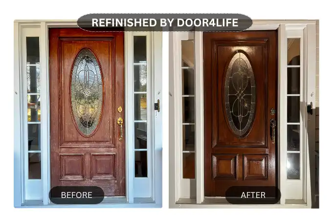 on the left, an aged wooden door with weathered paint and rustic charm; on the right, the same door restored to its former glory, featuring a smooth, revitalized finish