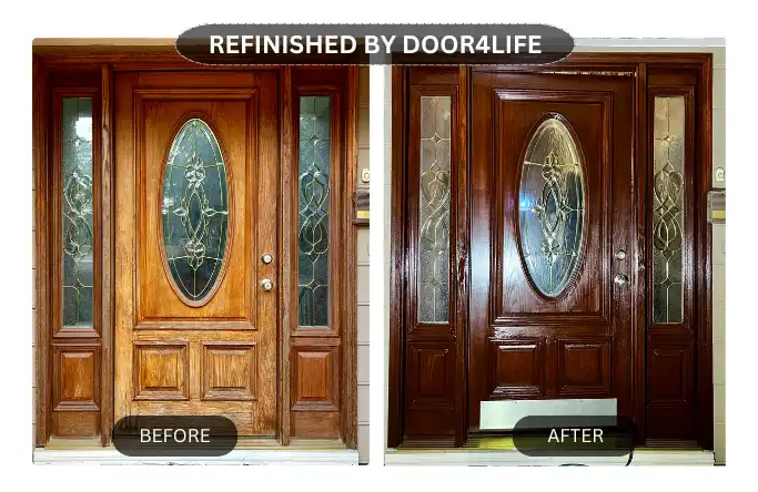 a worn, weathered door on the left with peeling paint and aged character, and a refurbished door on the right, displaying a fresh, revitalized finish