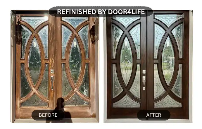 Comparison image showing two doors: one on the left is an old, weathered wooden door with faded paint and rustic charm, while the one on the right is the same door beautifully refinished