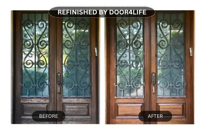 vintage door on the left with peeling paint and a rustic look, and a restored version on the right, showcasing a fresh, rejuvenated appearance