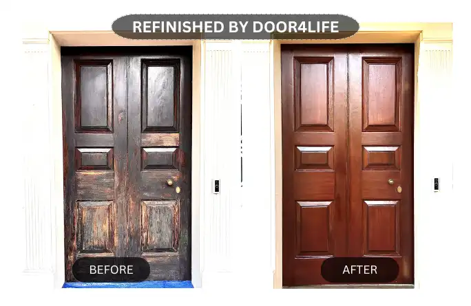 a weathered wooden door on the left, showcasing its age with worn paint and rustic appeal, and a beautifully refinished version on the right