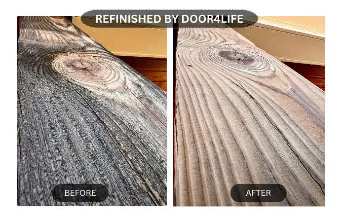 on the left, a raw, untreated wooden piece with a natural, untouched appearance; on the right, the same piece expertly restored