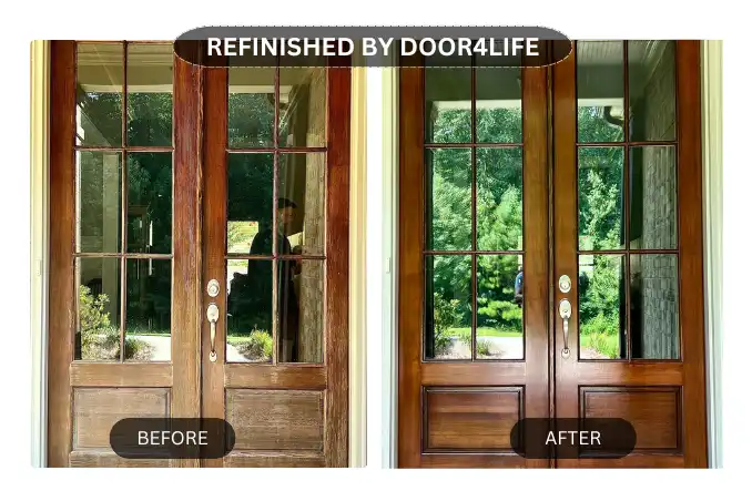 Comparison: weathered door on the left, restored door on the right.