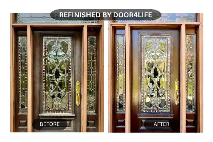 on the left, an aged, weathered door with peeling paint and rustic charm; on the right, the same door beautifully refinished with a smooth, glossy finish