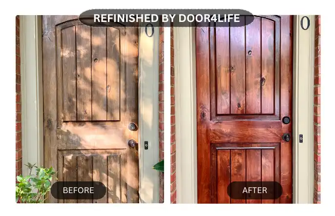 Comparison: left, worn door; right, restored door with fresh finish.
