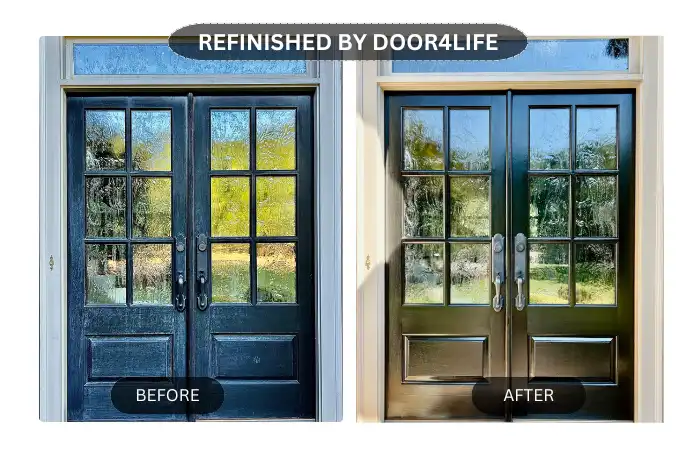 Before and after: left, aged door; right, refurbished door.