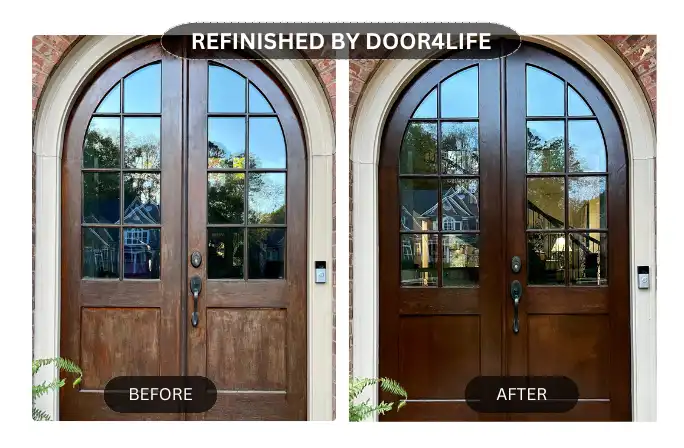 Side-by-side: aged door on the left, revitalized door on the right.