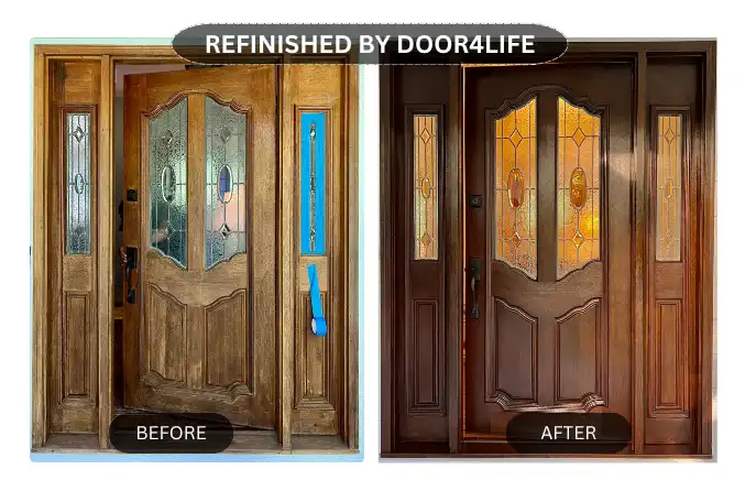 Comparison: left, weathered door; right, restored door with renewed finish.