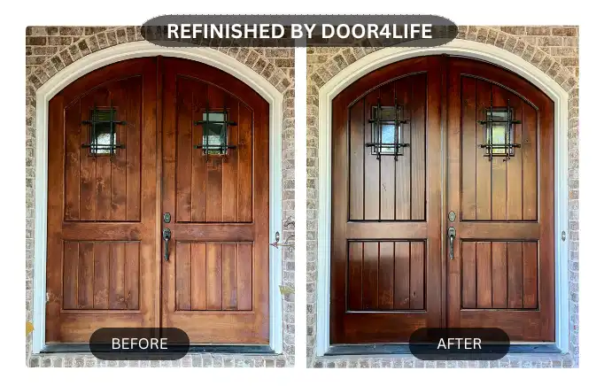 Side-by-side: old, worn door on the left; refurbished, refreshed door on the right.