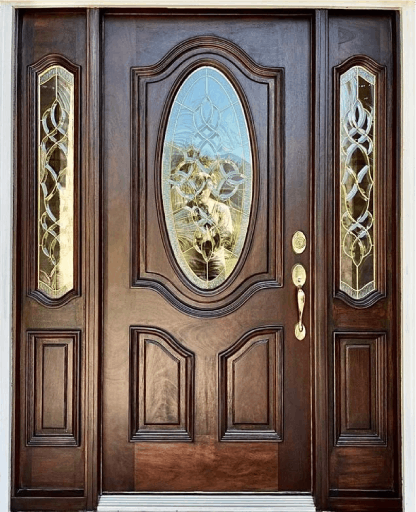 Freshly refinished wooden door with a smooth, glossy finish