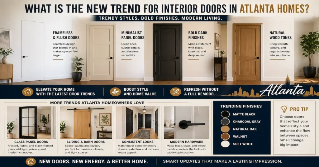 Modern interior door trends in Atlanta homes featuring frameless flush door, minimalist panel doors, black painted door, and natural wood door finishes in a stylish home setting