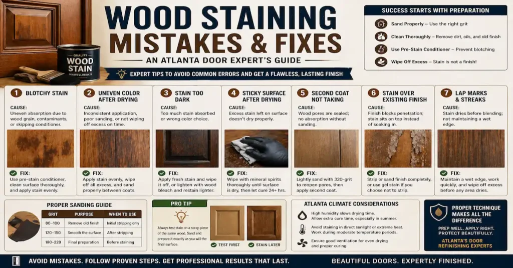 Infographic showing common wood staining mistakes and fixes including blotchy stain, uneven color, dark stain issues, sticky surfaces, and sanding tips for door refinishing