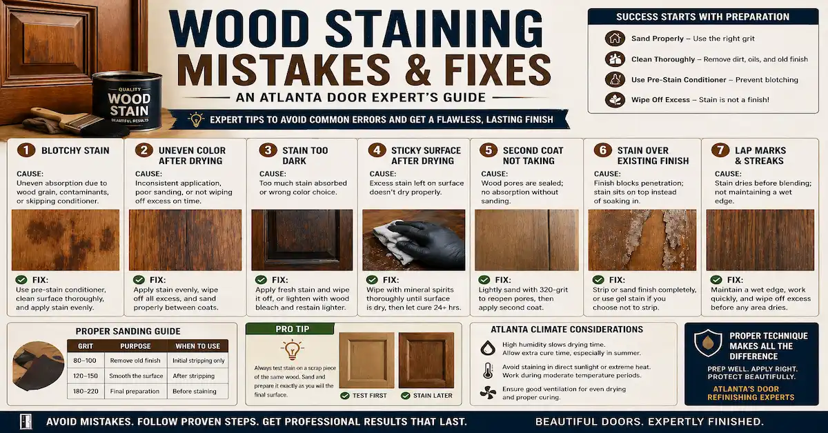 Infographic showing common wood staining mistakes and fixes including blotchy stain, uneven color, dark stain issues, sticky surfaces, and sanding tips for door refinishing